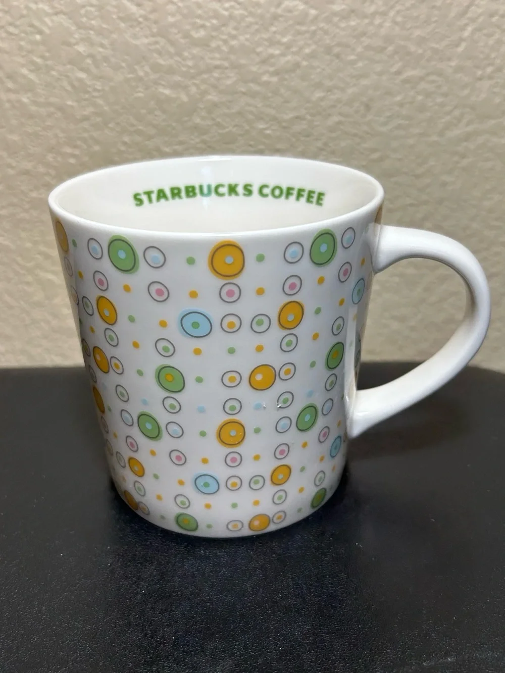 Starbucks White Ceramic Mug with Green, Yellow, Blue, Pink Dot Pattern Vintage